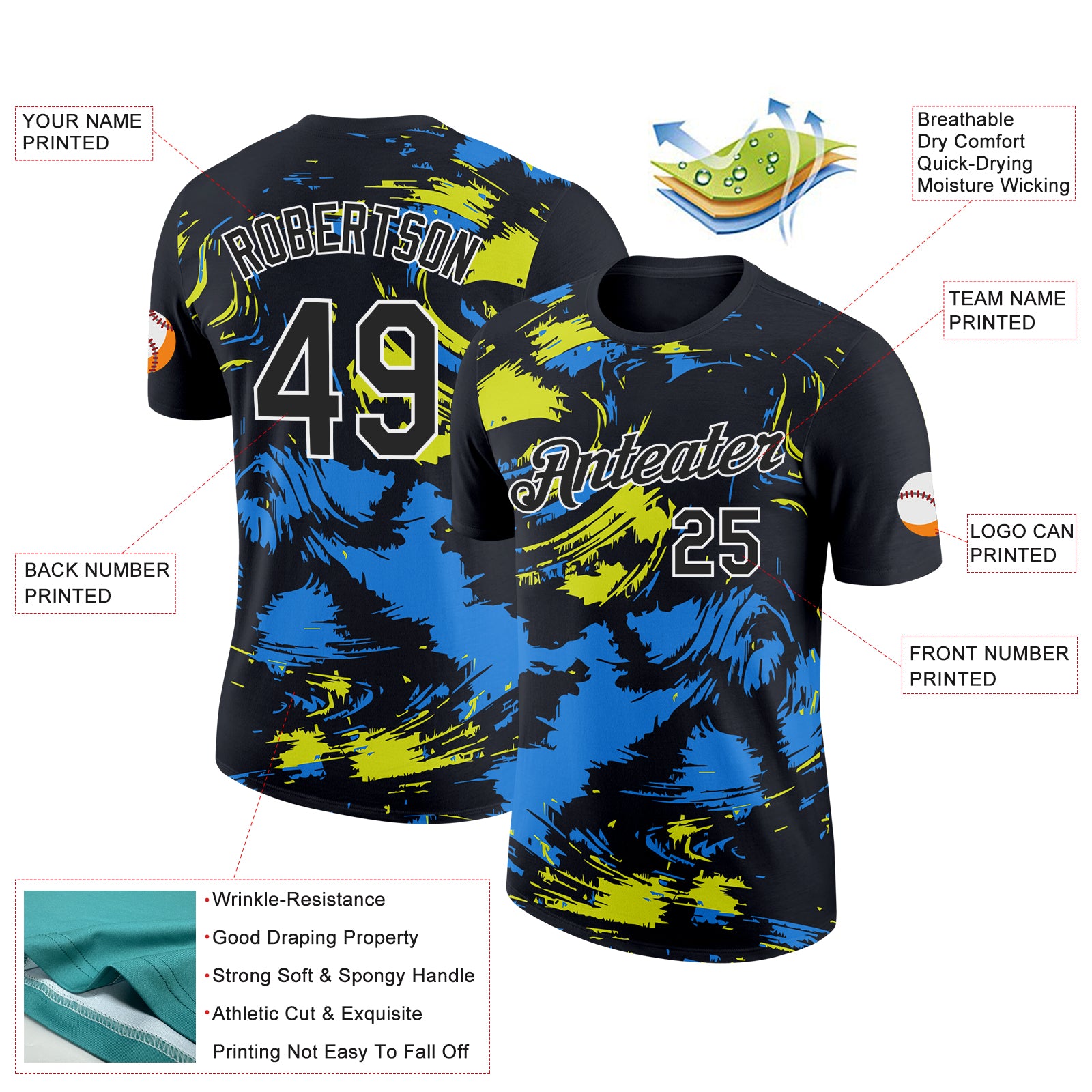 Custom Black Powder Blue-Neon Yellow 3D Esports Performance T-Shirt