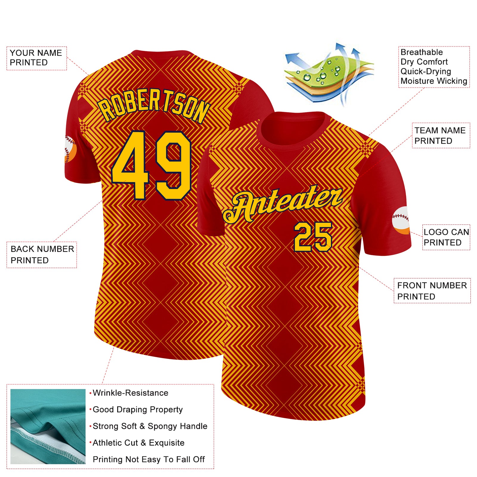 Custom Red Yellow-Navy 3D Esports Performance T-Shirt