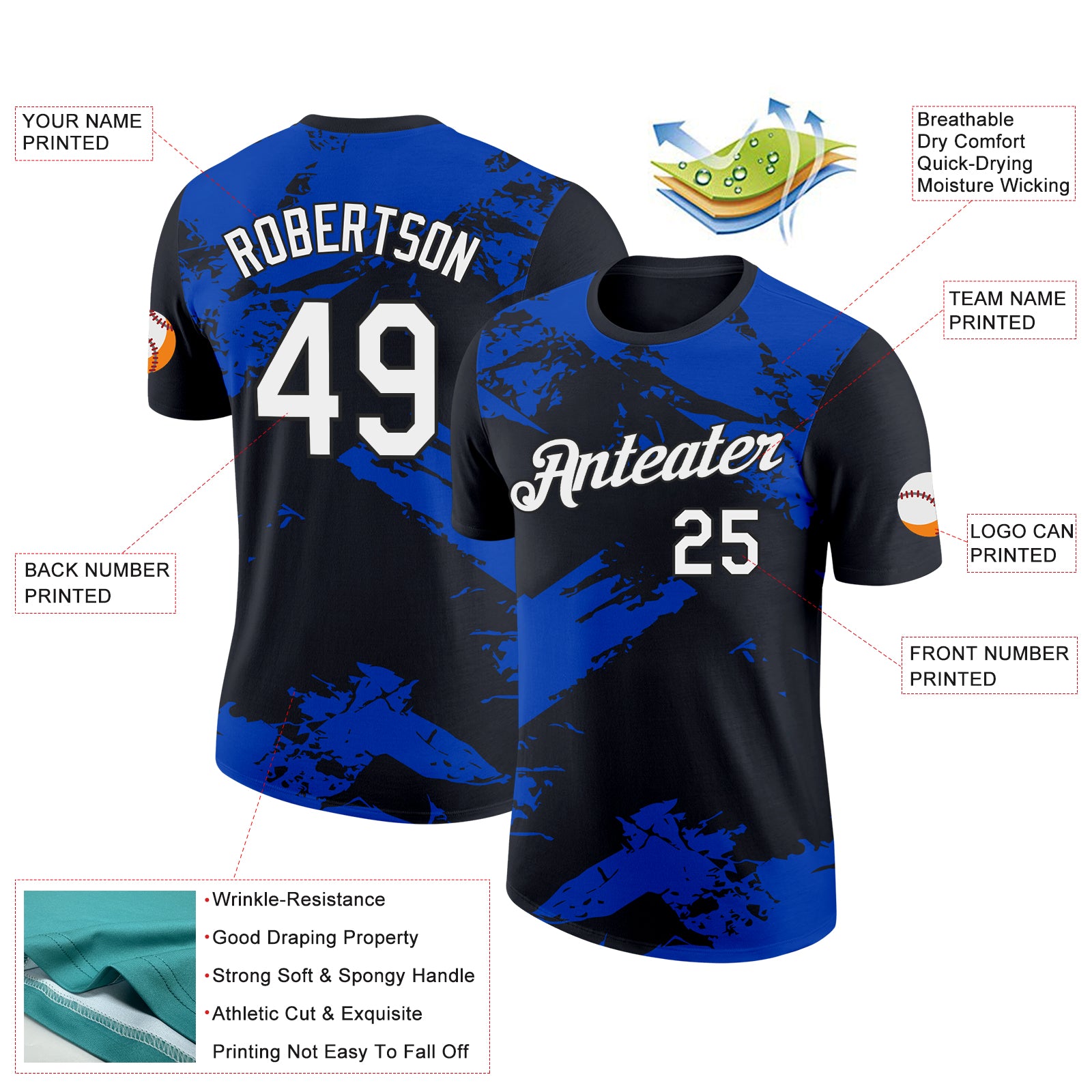 Custom Black White-Thunder Blue 3D Esports Performance T-Shirt