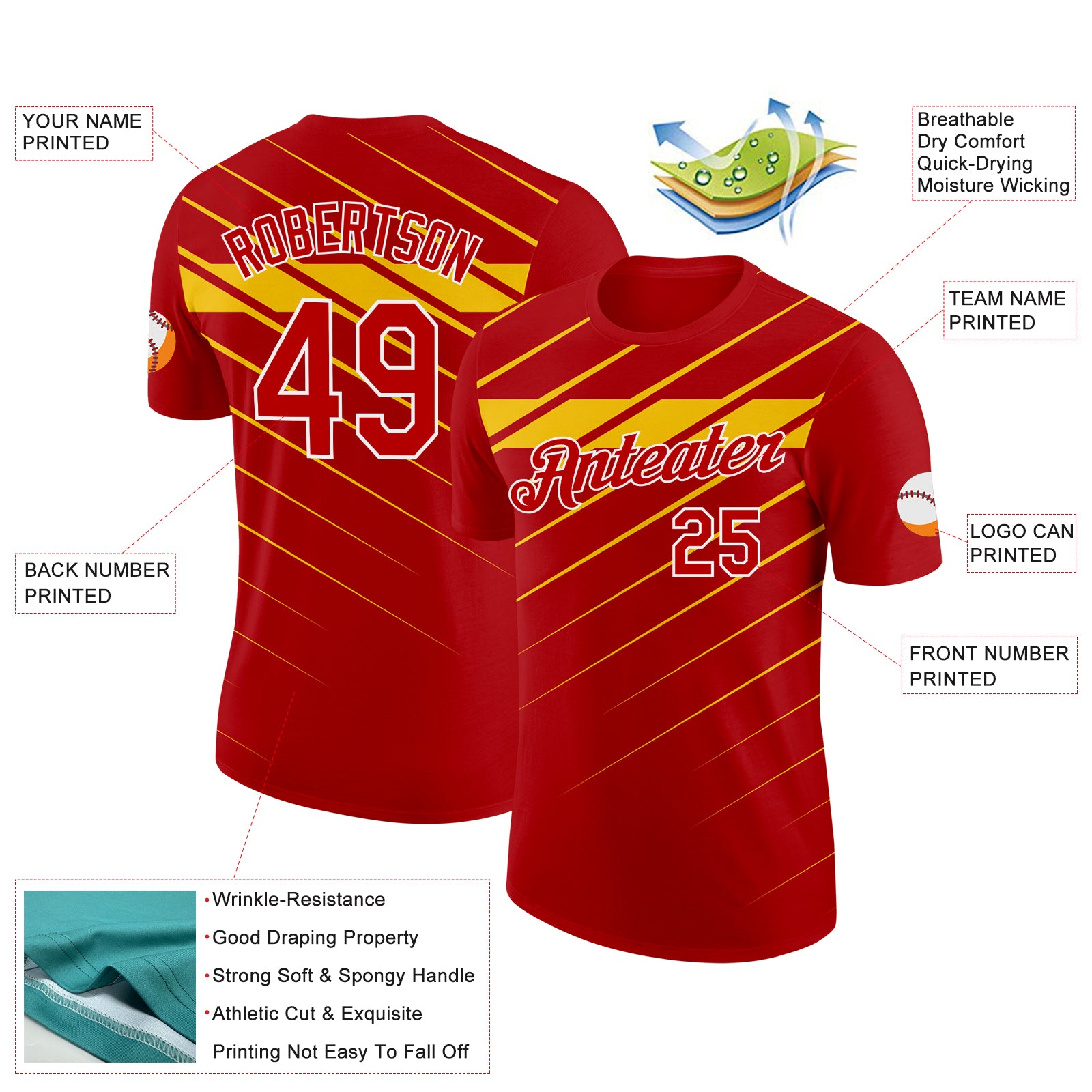 Custom Red Yellow-White 3D Esports Performance T-Shirt