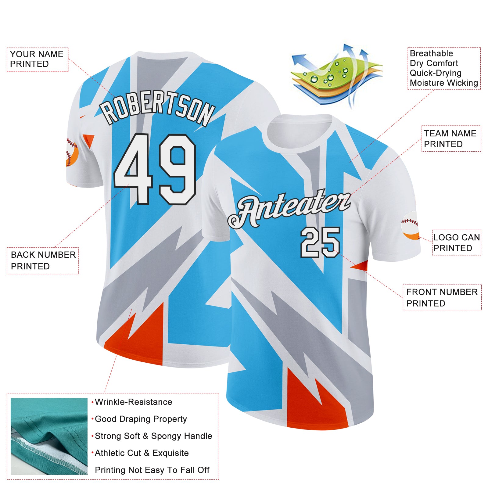 Custom White Sky Blue Orange-Gray 3D Esports Performance T-Shirt