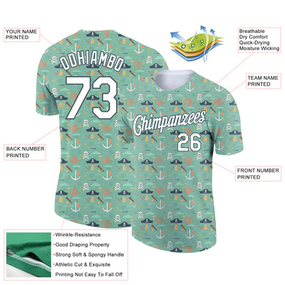 Custom Ice Blue White-Midnight Green 3D Pattern Design Sailing Ship Wheel Anchor Columbus Day Performance T-Shirt