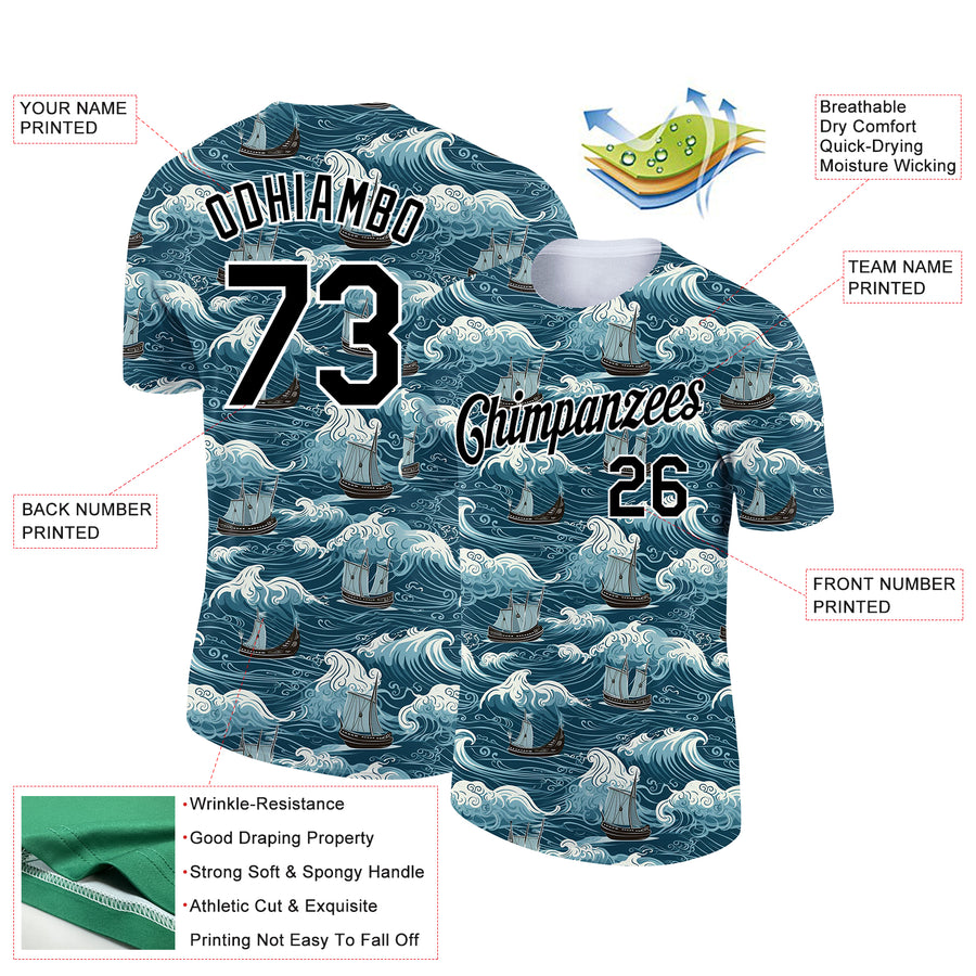 Custom Teal Black-White 3D Pattern Design Sailing Ship Columbus Day Performance T-Shirt