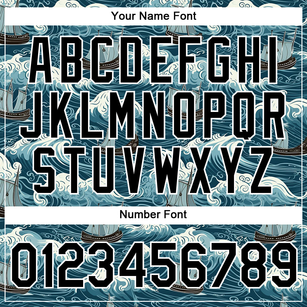 Custom Teal Black-White 3D Pattern Design Sailing Ship Columbus Day Performance T-Shirt