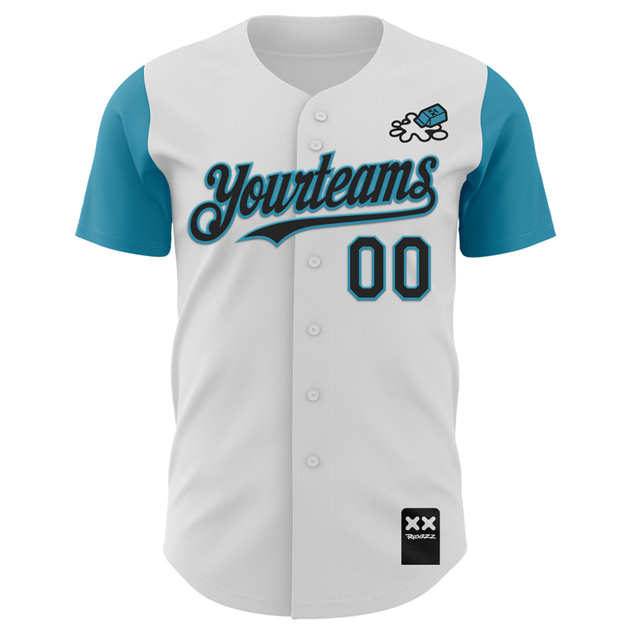 Custom White Black-Panther Blue 3D Revzzz Never Cry Over Authentic Baseball Jersey