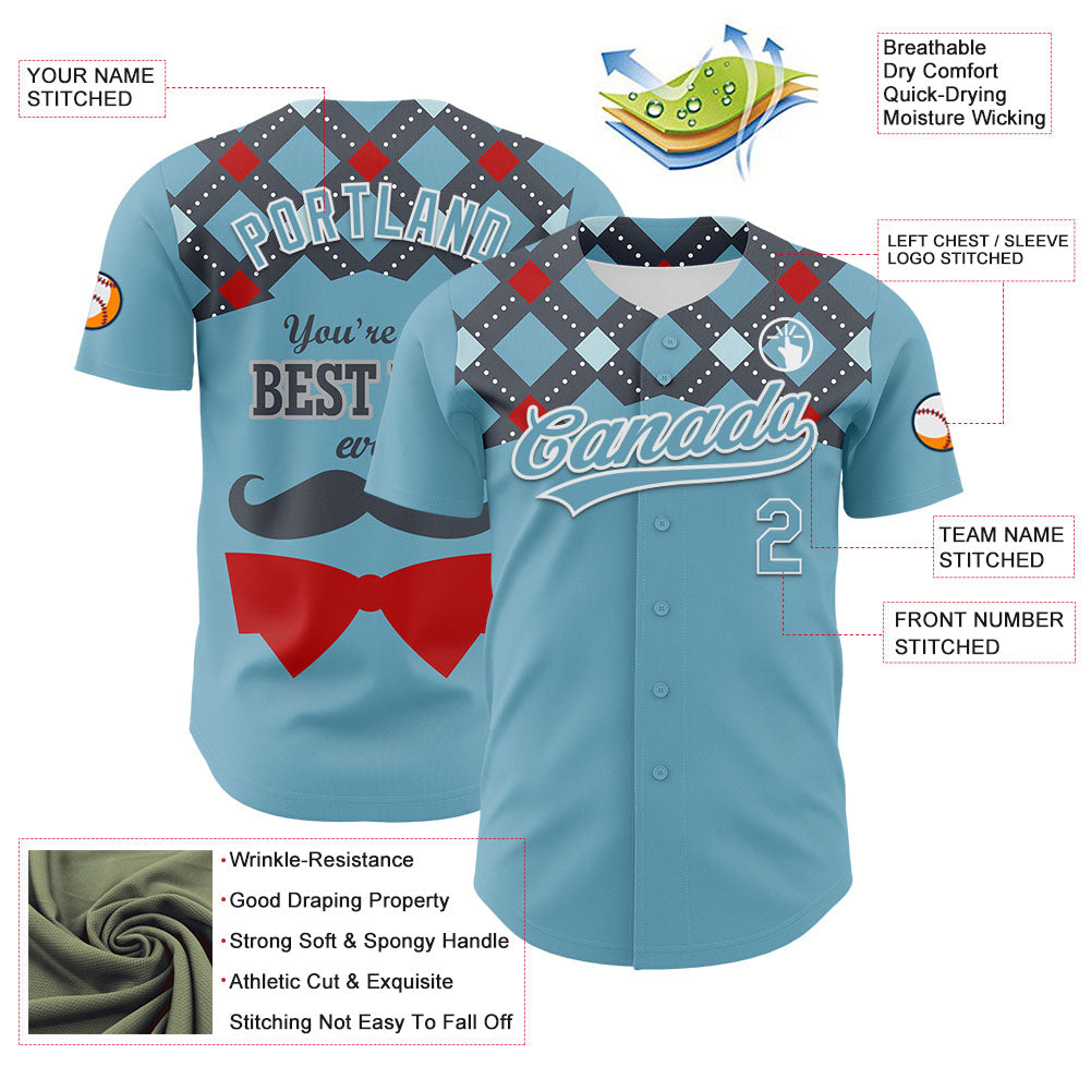 Custom Shadow Blue White 3D Pattern Design Father's Day Mustache Authentic Baseball Jersey