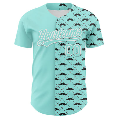 Custom Ice Blue White 3D Pattern Design Father's Day Mustache Authentic Baseball Jersey