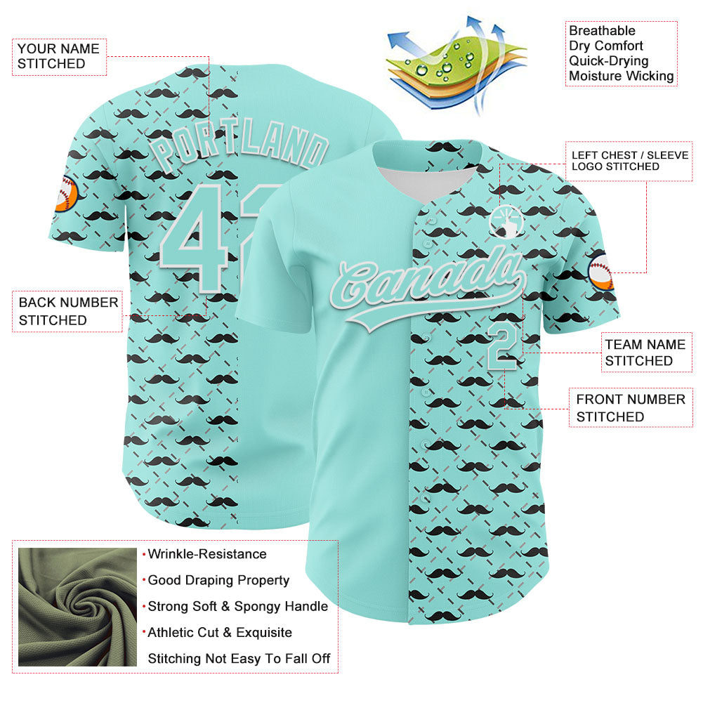 Custom Ice Blue White 3D Pattern Design Father's Day Mustache Authentic Baseball Jersey