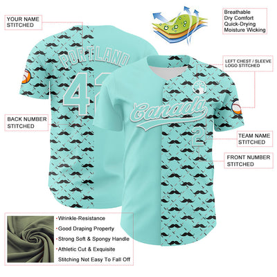 Custom Ice Blue White 3D Pattern Design Father's Day Mustache Authentic Baseball Jersey