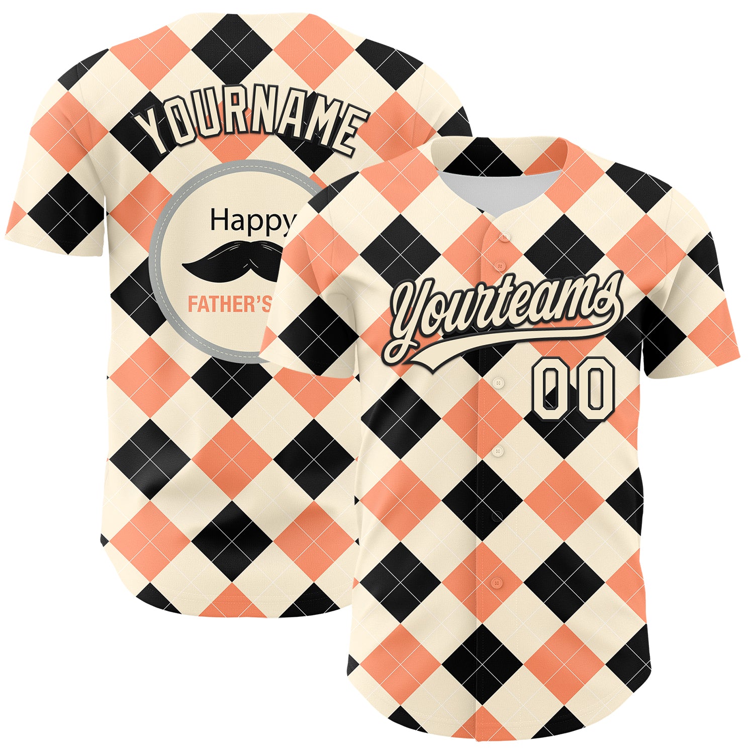 Custom Cream Black 3D Pattern Design Father's Day Mustache Authentic Baseball Jersey