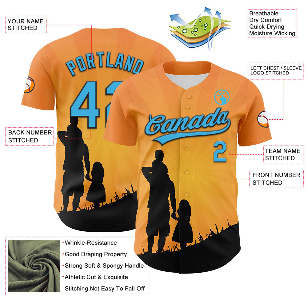 Custom Bay Orange Sky Blue-Black 3D Pattern Design Father's Day Family Love Authentic Baseball Jersey