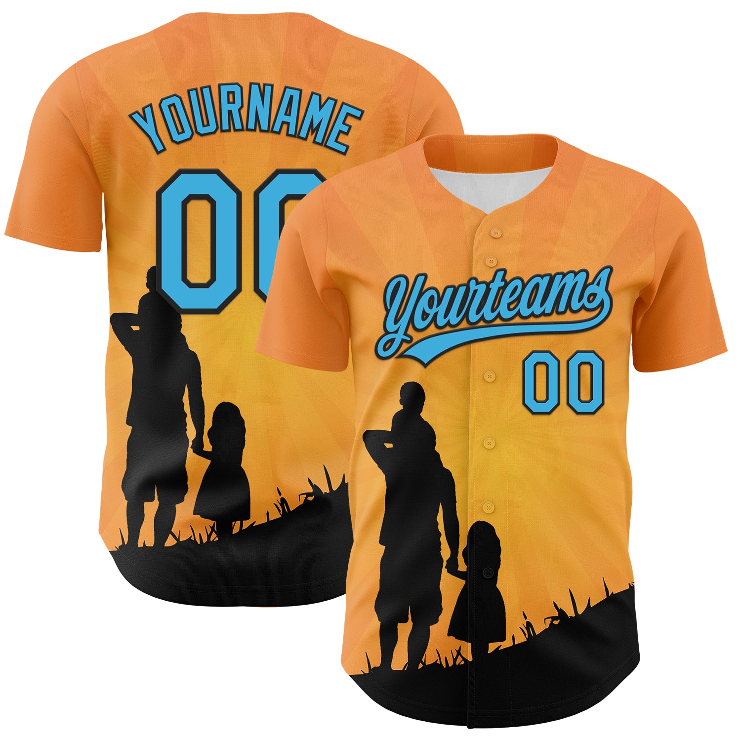 Custom Bay Orange Sky Blue-Black 3D Pattern Design Father's Day Family Love Authentic Baseball Jersey