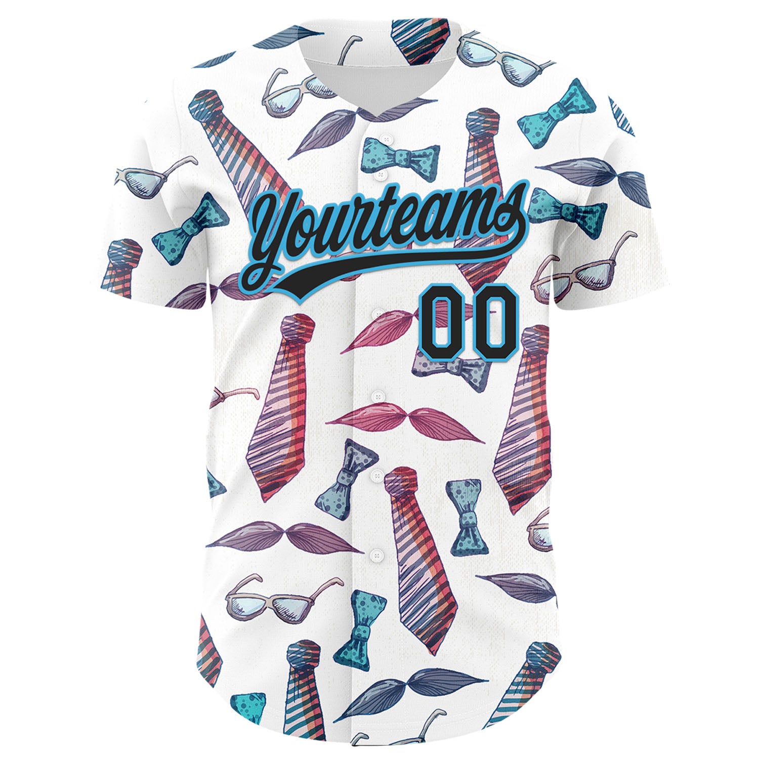 Custom White Black-Sky Blue 3D Pattern Design Father's Day Mustache And Tie Authentic Baseball Jersey