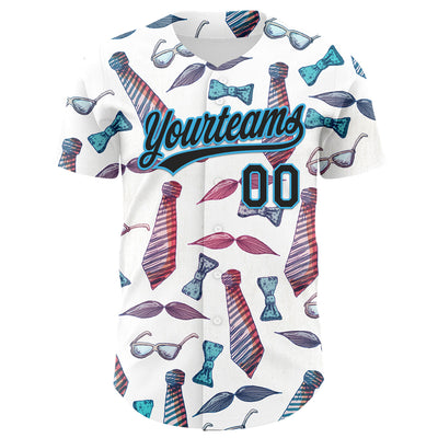 Custom White Black-Sky Blue 3D Pattern Design Father's Day Mustache And Tie Authentic Baseball Jersey