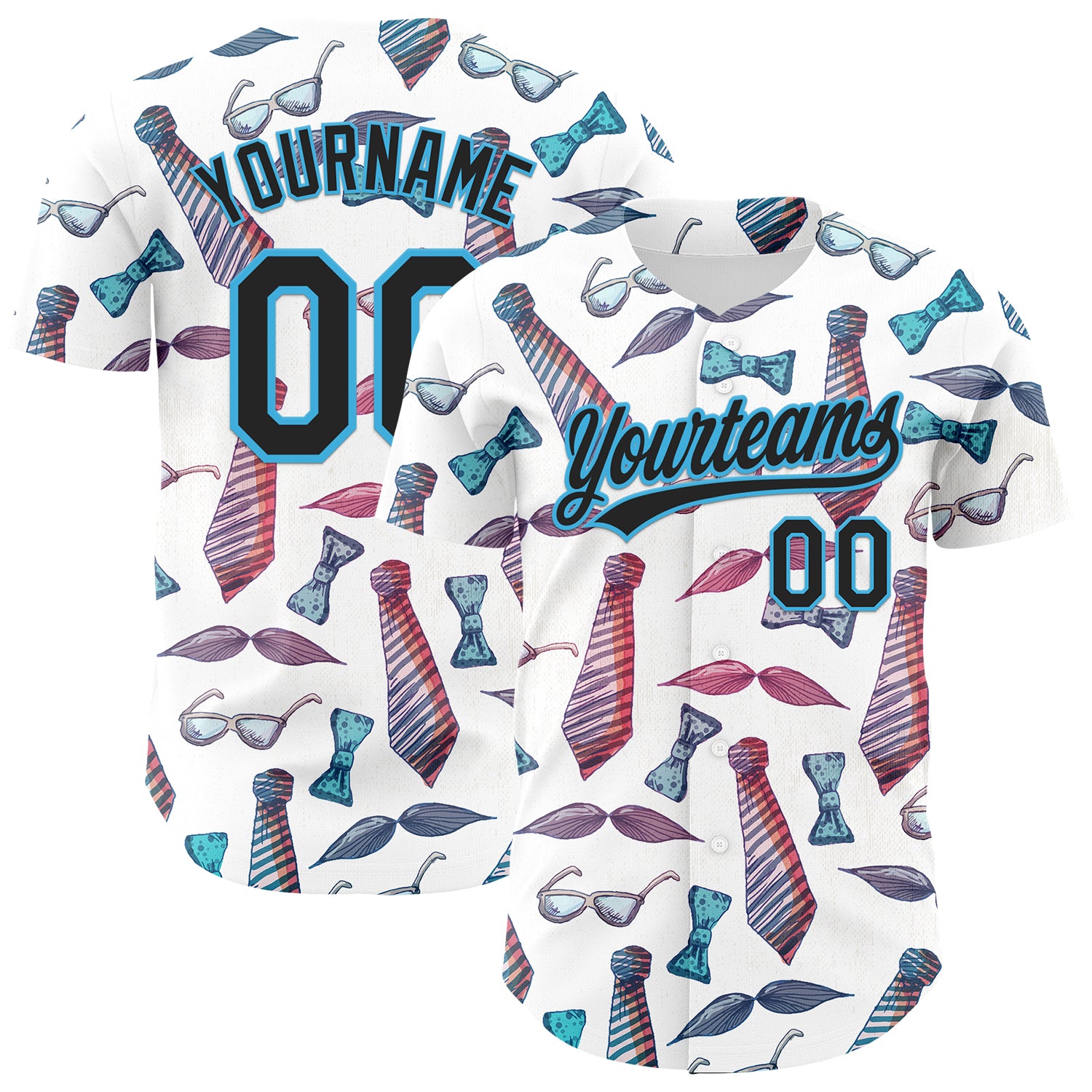 Custom White Black-Sky Blue 3D Pattern Design Father's Day Mustache And Tie Authentic Baseball Jersey