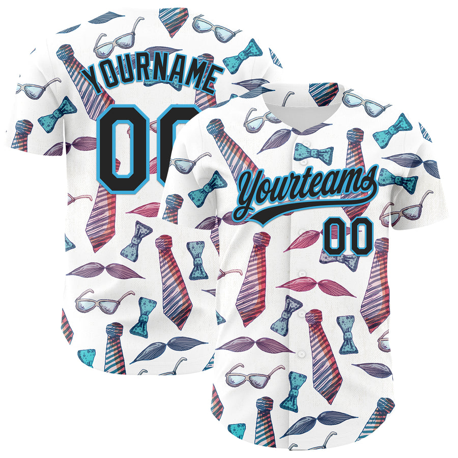 Custom White Black-Sky Blue 3D Pattern Design Father's Day Mustache And Tie Authentic Baseball Jersey