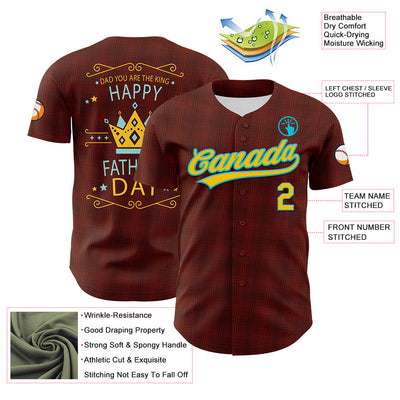 Custom Brown Yellow-Lakes Blue 3D Pattern Design Father's Day King Crown Authentic Baseball Jersey
