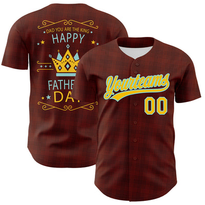 Custom Brown Yellow-Lakes Blue 3D Pattern Design Father's Day King Crown Authentic Baseball Jersey