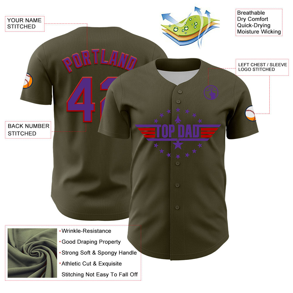 Custom Olive Purple-Red 3D Pattern Design Father's Day Top Dad Authentic Salute To Service Baseball Jersey