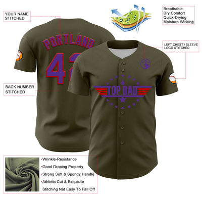 Custom Olive Purple-Red 3D Pattern Design Father's Day Top Dad Authentic Salute To Service Baseball Jersey