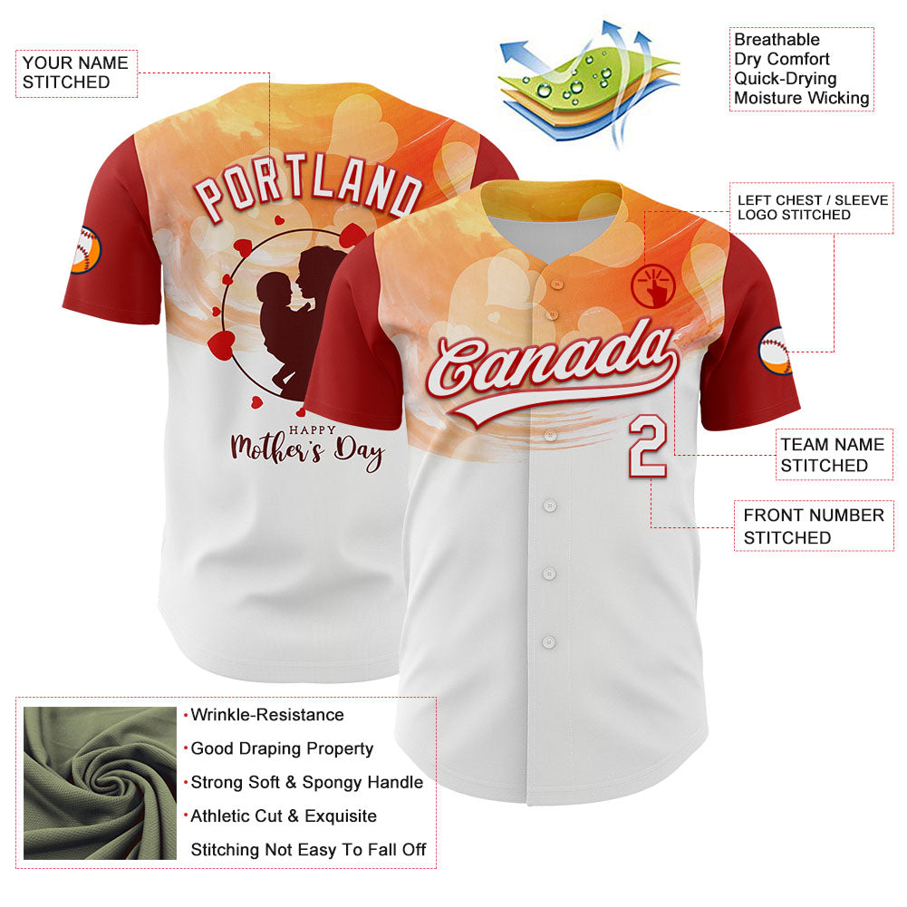 Custom White Red 3D Pattern Design Mother's Day Family Love Authentic Baseball Jersey