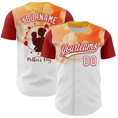 Custom White Red 3D Pattern Design Mother's Day Family Love Authentic Baseball Jersey