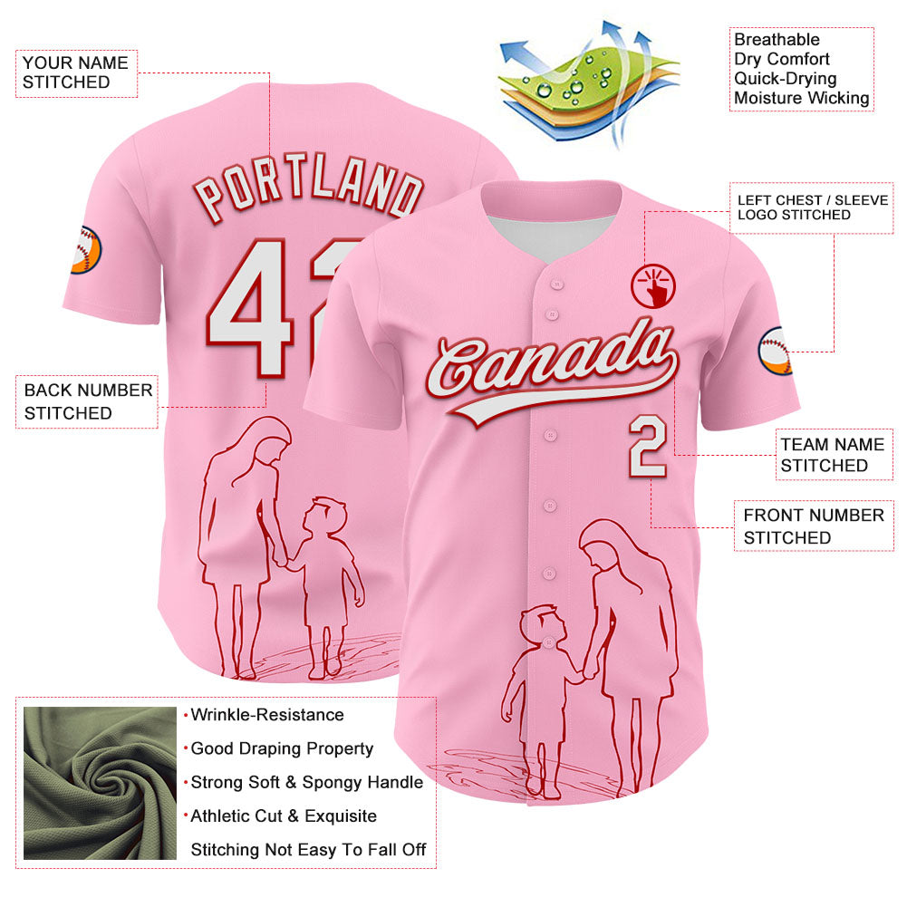 Custom Light Pink White-Red 3D Pattern Design Mother's Day Family Love Authentic Baseball Jersey
