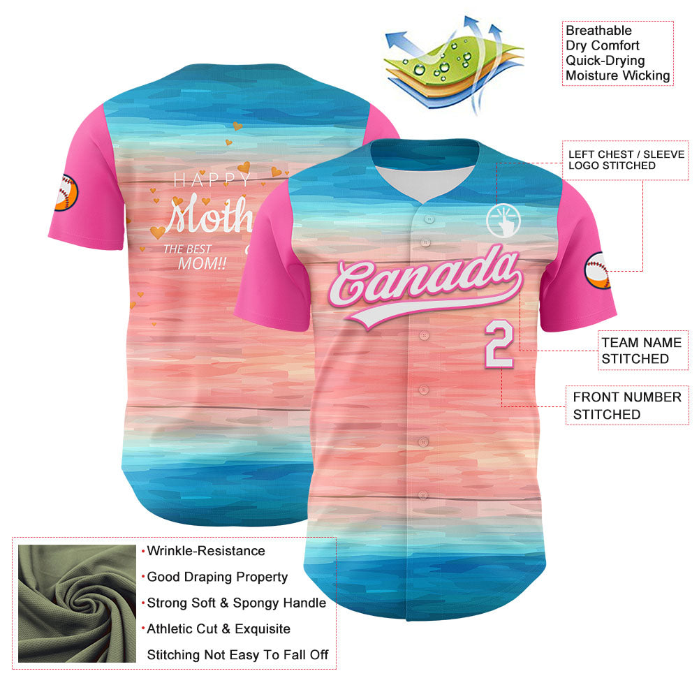 Custom Sky Blue White-Pink 3D Pattern Design Mother's Day Love Authentic Baseball Jersey