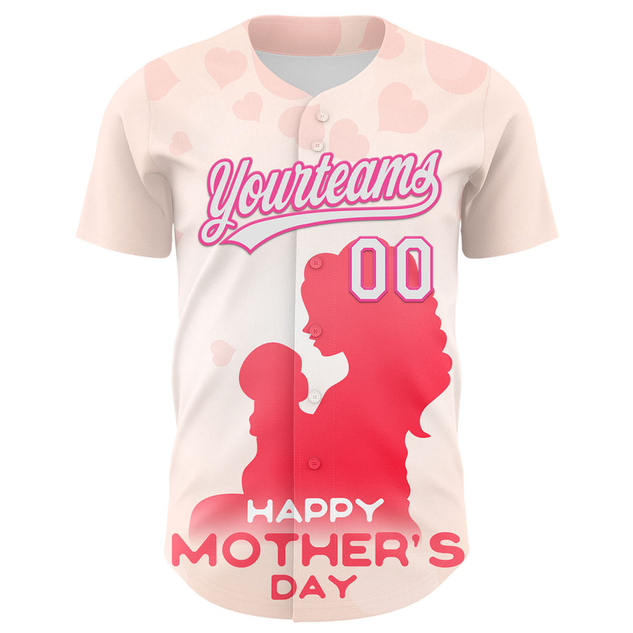 Custom Cream White-Pink 3D Pattern Design Mother's Day Family Love Authentic Baseball Jersey
