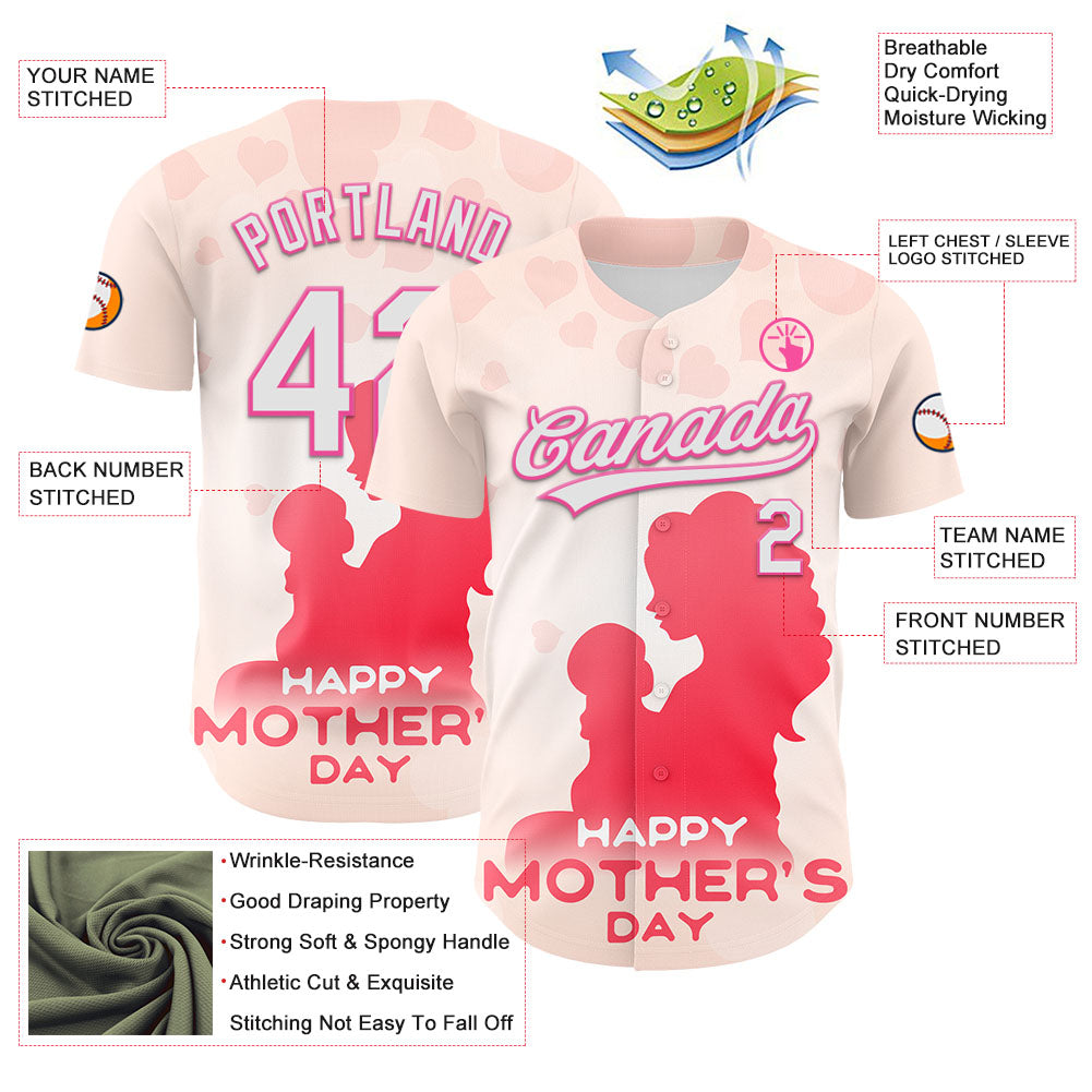 Custom Cream White-Pink 3D Pattern Design Mother's Day Family Love Authentic Baseball Jersey