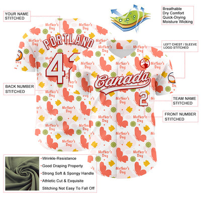 Custom White Red 3D Pattern Design Mother's Day Love Authentic Baseball Jersey