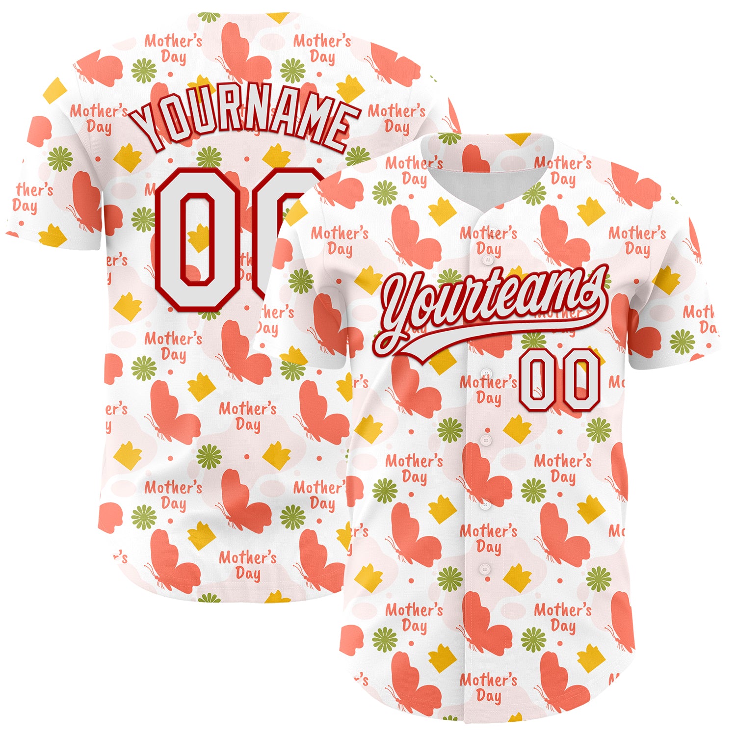 Custom White Red 3D Pattern Design Mother's Day Love Authentic Baseball Jersey