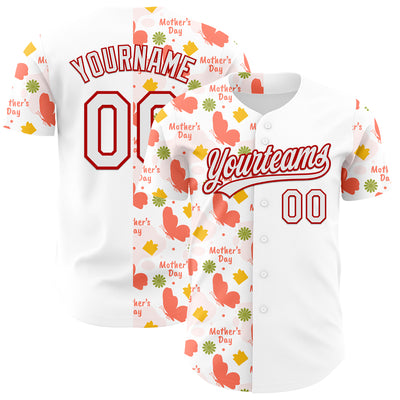 Custom White Red 3D Pattern Design Mother's Day Love Authentic Baseball Jersey