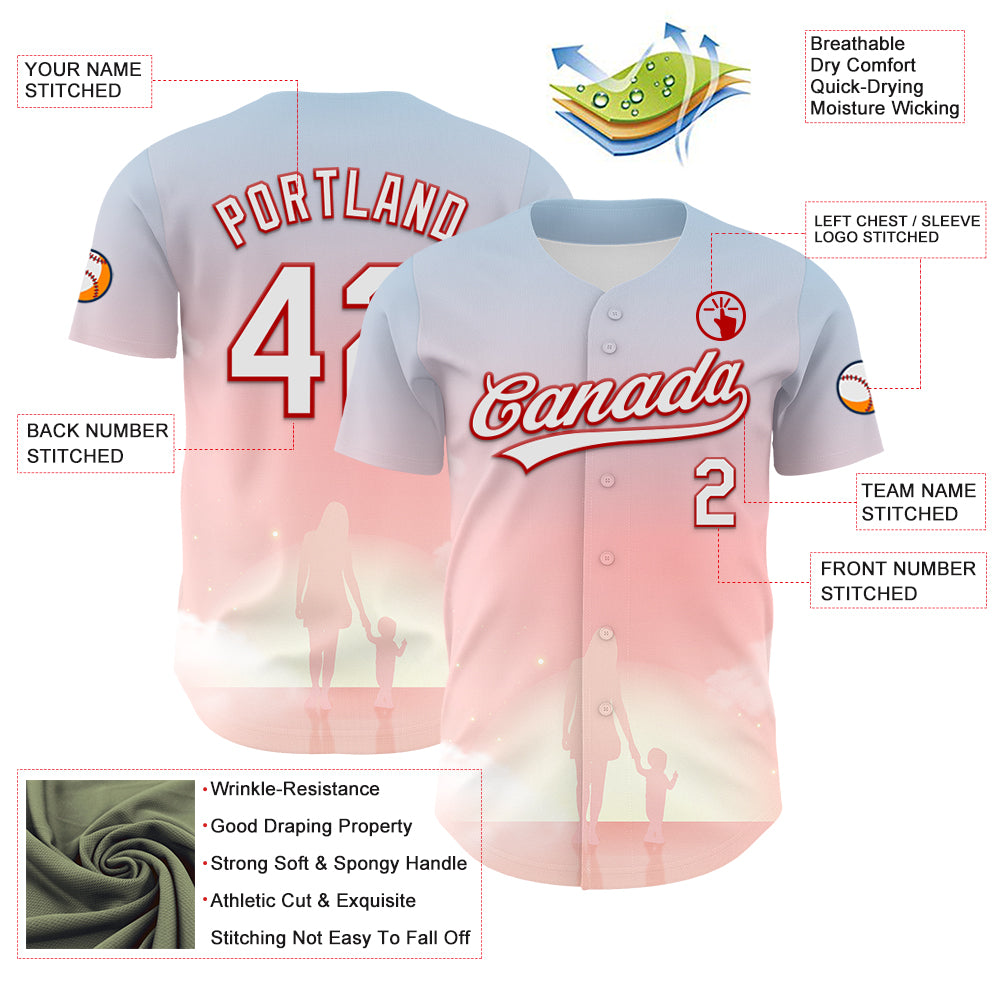 Custom Light Pink White-Red 3D Pattern Design Mother's Day Family Love Authentic Baseball Jersey