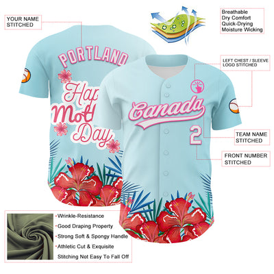Custom Ice Blue White-Pink 3D Pattern Design Mother's Day Flower Authentic Baseball Jersey