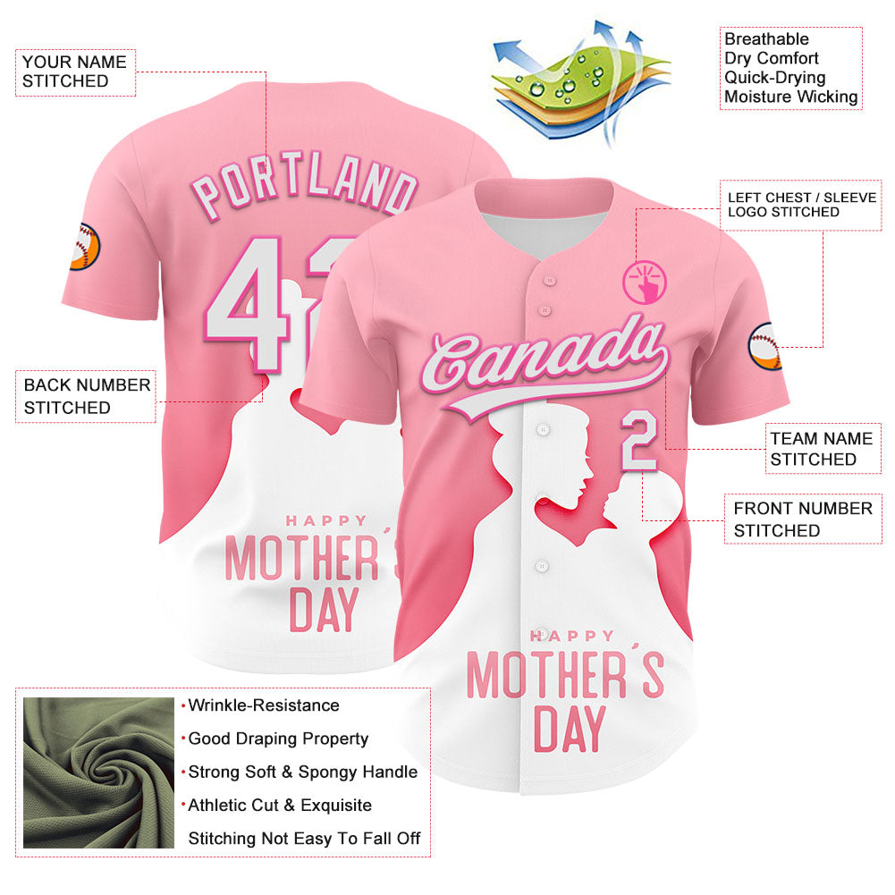 Custom Light Pink White-Pink 3D Pattern Design Mother's Day Family Love Authentic Baseball Jersey