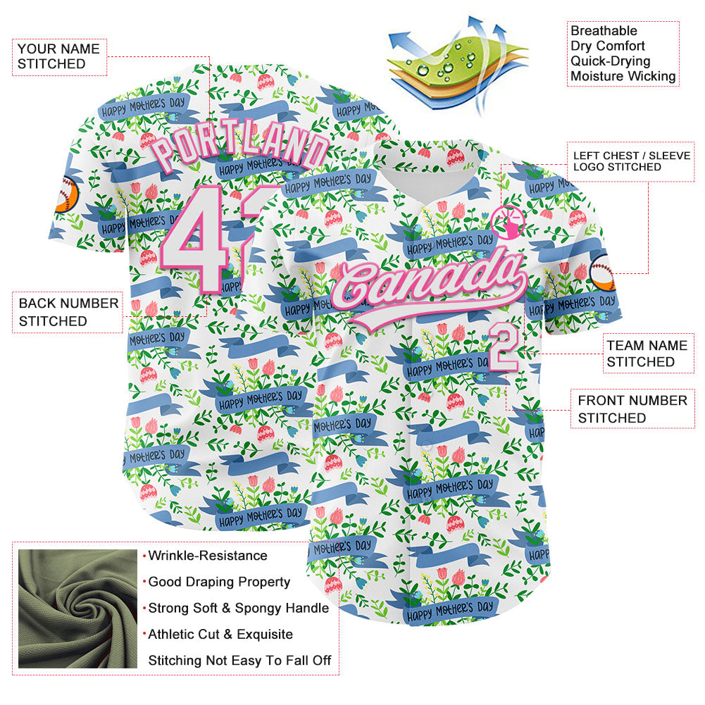 Custom White Pink 3D Pattern Design Mother's Day Flower Authentic Baseball Jersey