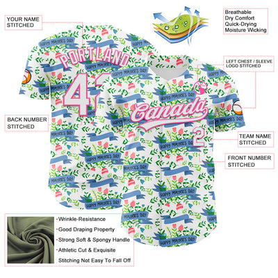 Custom White Pink 3D Pattern Design Mother's Day Flower Authentic Baseball Jersey