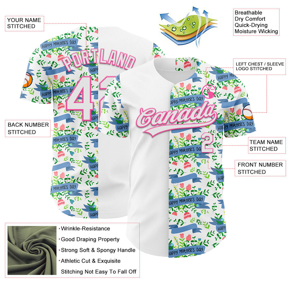 Custom White Pink 3D Pattern Design Mother's Day Flower Authentic Baseball Jersey
