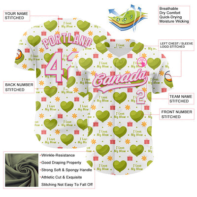 Custom White Pink 3D Pattern Design Mother's Day Love Authentic Baseball Jersey