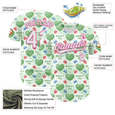 Custom Green White-Pink 3D Pattern Design Mother's Day Love Authentic Baseball Jersey