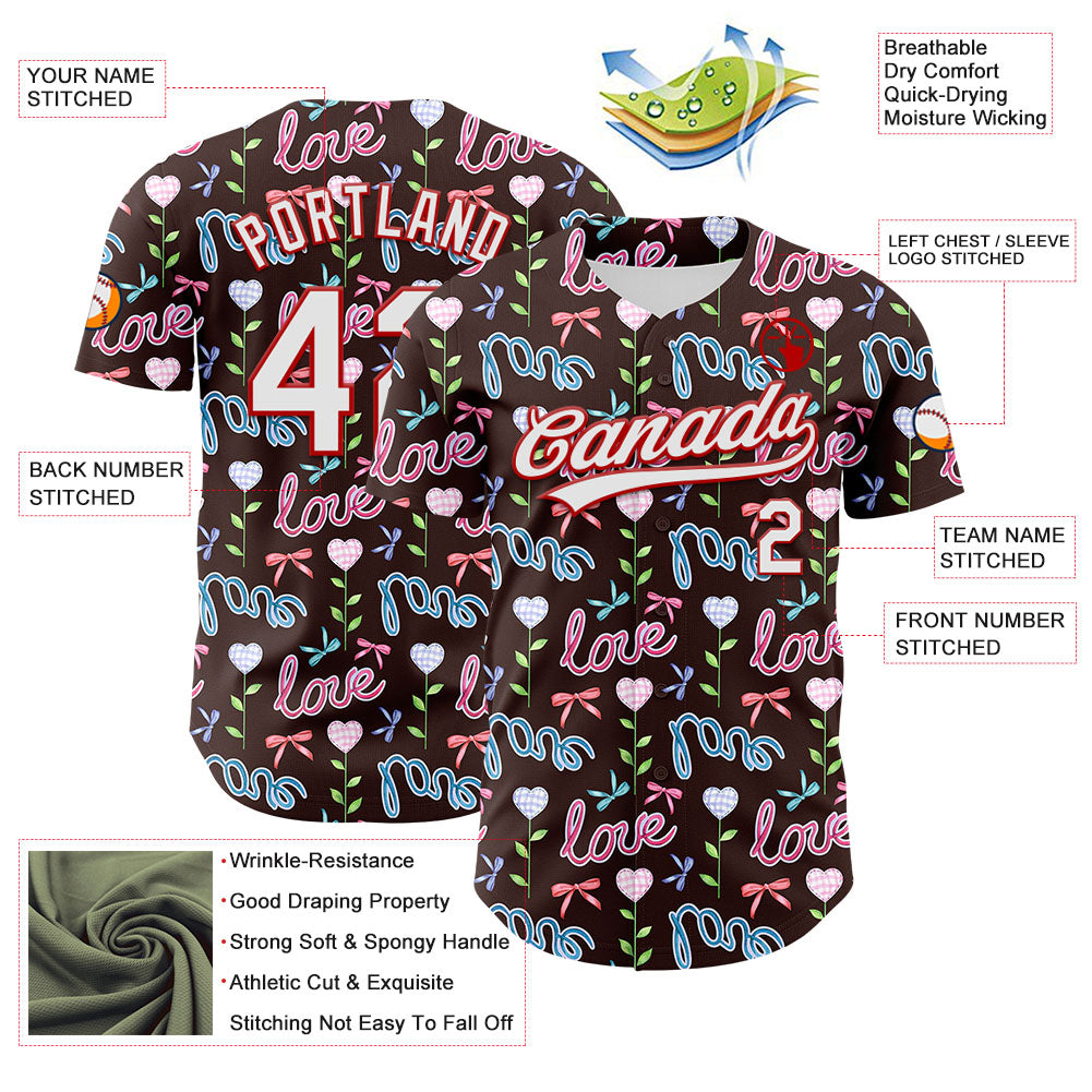 Custom Brown White-Red 3D Pattern Design Mother's Day Love Authentic Baseball Jersey