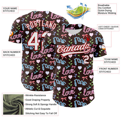 Custom Brown White-Red 3D Pattern Design Mother's Day Love Authentic Baseball Jersey