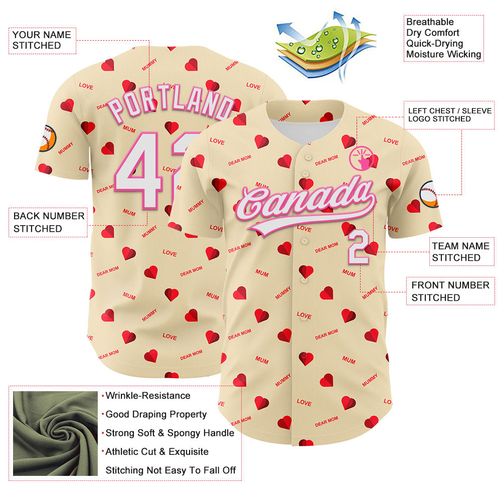 Custom Cream White-Pink 3D Pattern Design Mother's Day Love Authentic Baseball Jersey