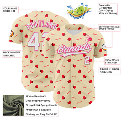 Custom Cream White-Pink 3D Pattern Design Mother's Day Love Authentic Baseball Jersey