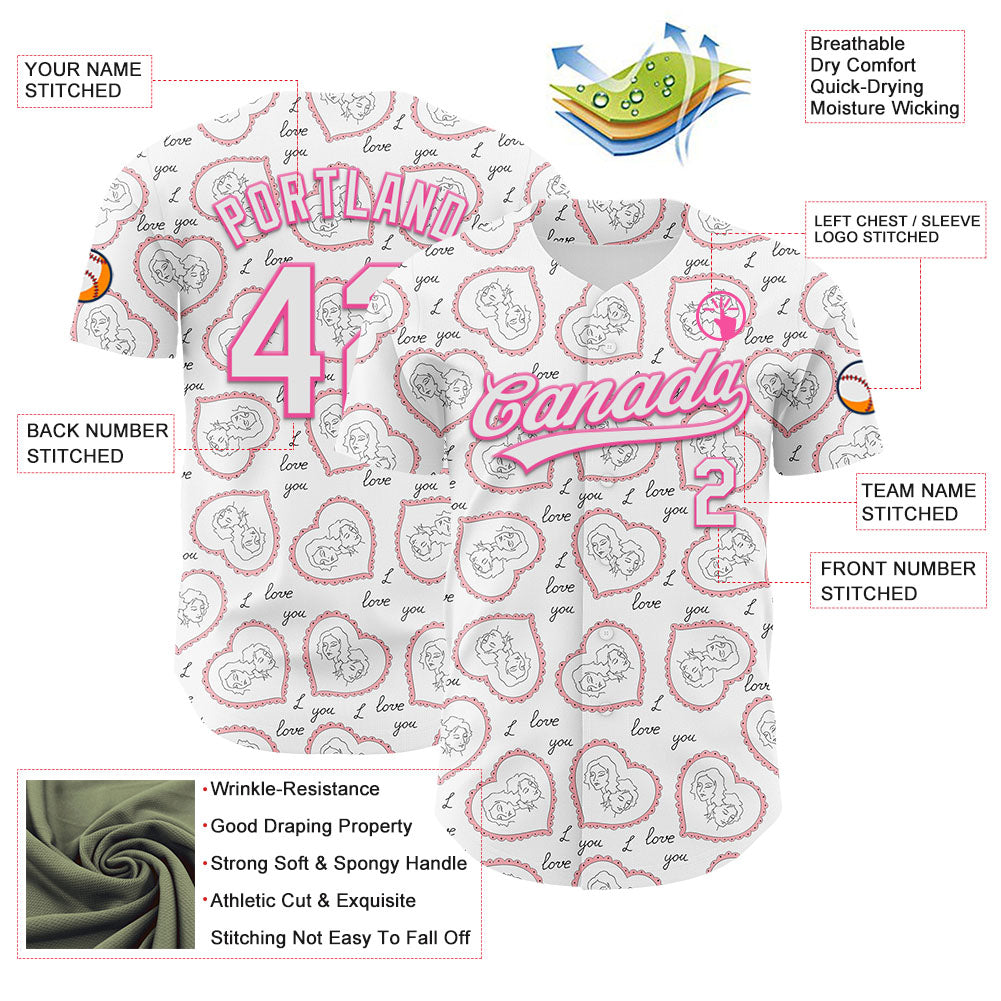 Custom White Pink 3D Pattern Design Mother's Day Love Authentic Baseball Jersey
