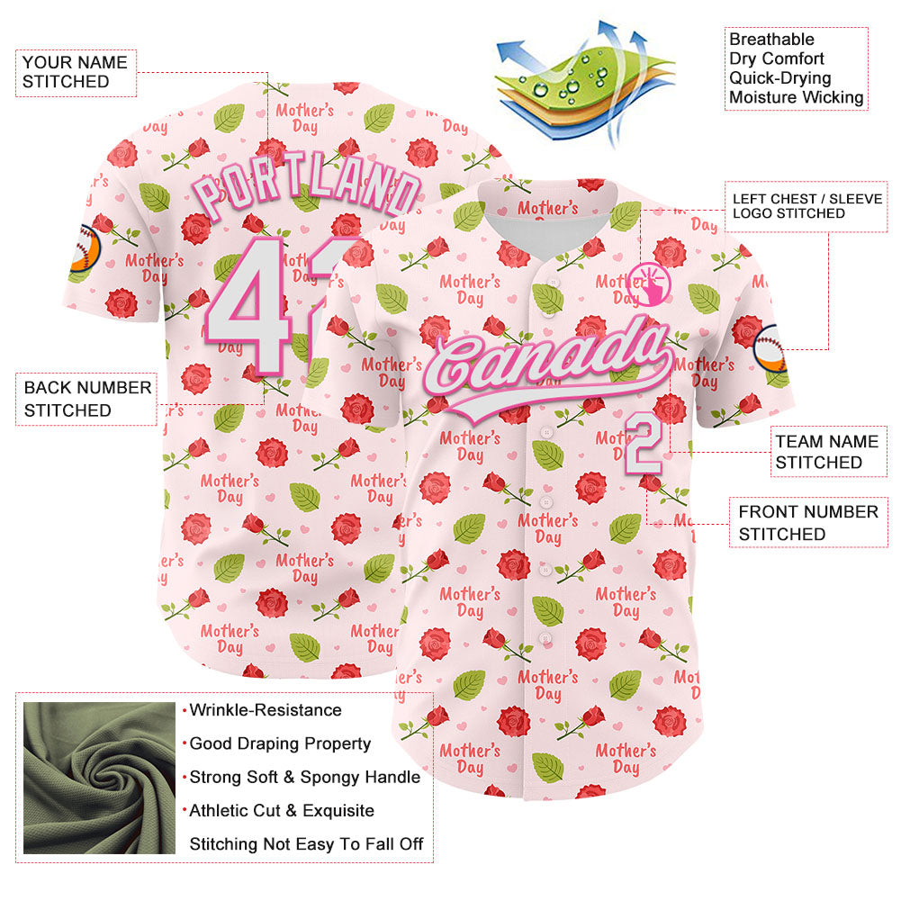 Custom Light Pink White-Pink 3D Pattern Design Mother's Day Flower Authentic Baseball Jersey