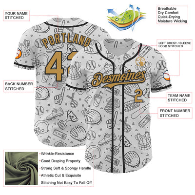 Custom White Old Gold-Black Comic Doodle Ballgame 3D Pattern Design Authentic Baseball Jersey