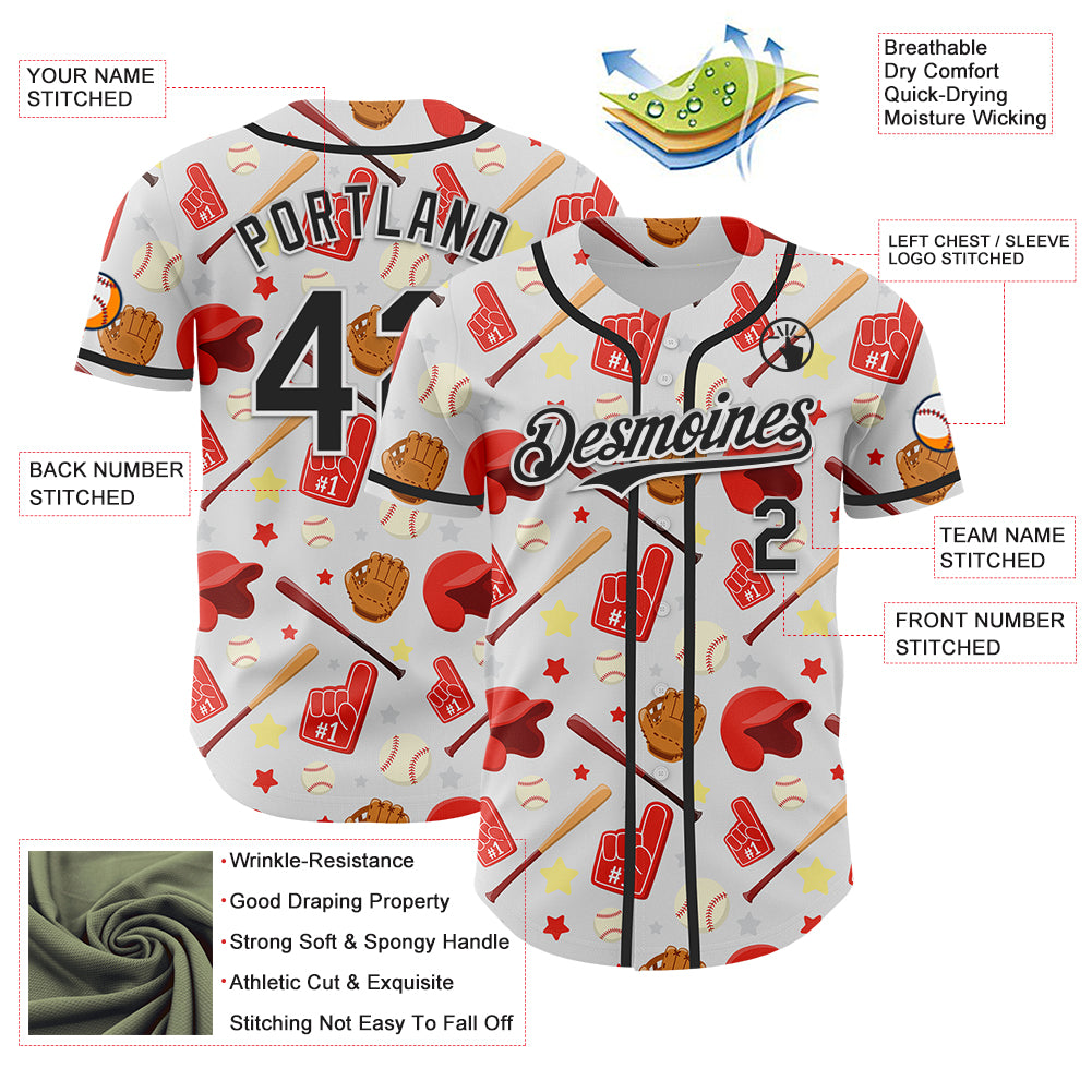 Custom White Black Comic Doodle Ballgame 3D Pattern Design Authentic Baseball Jersey