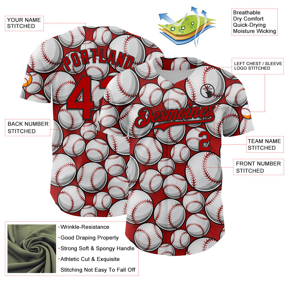 Custom Red Black-White Comic Doodle Ballgame 3D Pattern Design Authentic Baseball Jersey